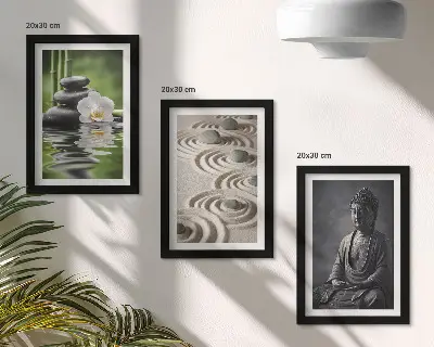 Billeder med ramme afslappende udsigt med Buddha, sten på stranden og bambus