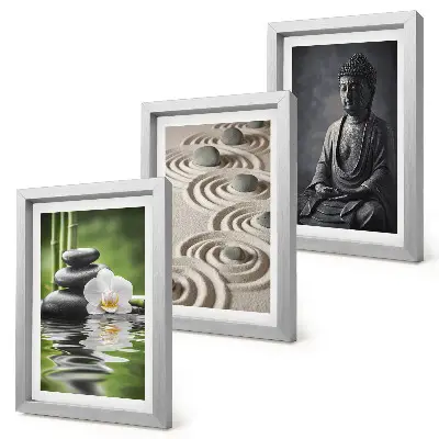 Billeder med ramme afslappende udsigt med Buddha, sten på stranden og bambus