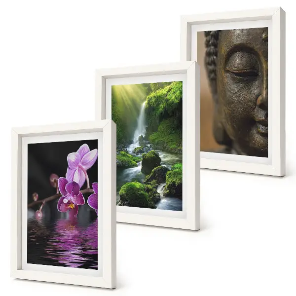 Billedrammer med motiv blomster i vandfald med grønne klipper og Buddha