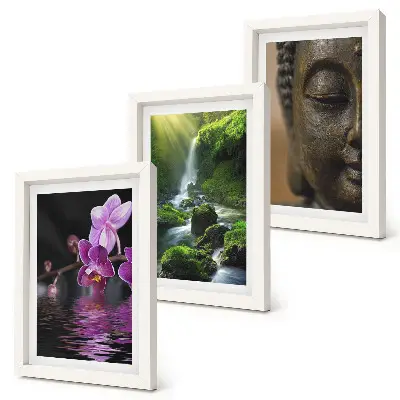 Billedrammer med motiv blomster i vandfald med grønne klipper og Buddha