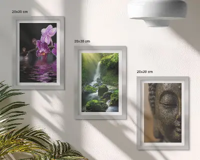 Billedrammer med motiv blomster i vandfald med grønne klipper og Buddha