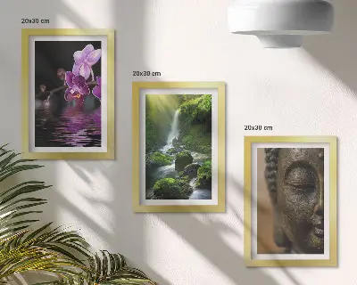 Billedrammer med motiv blomster i vandfald med grønne klipper og Buddha