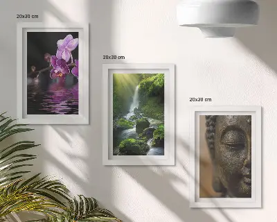 Billedrammer med motiv blomster i vandfald med grønne klipper og Buddha