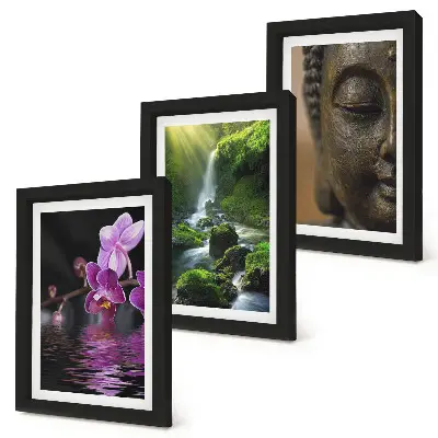 Billedrammer med motiv blomster i vandfald med grønne klipper og Buddha