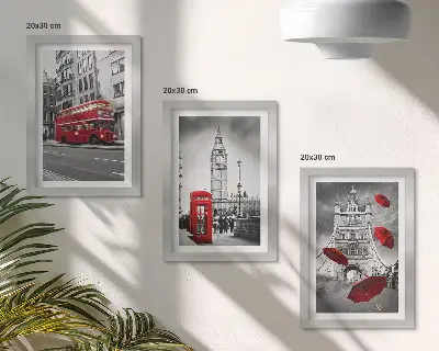 Billedvæg med røde detaljer og kendte bygninger fra London
