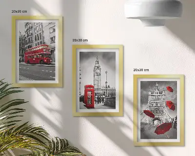 Billedvæg med røde detaljer og kendte bygninger fra London