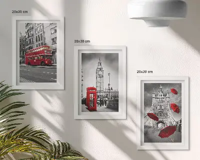 Billedvæg med røde detaljer og kendte bygninger fra London
