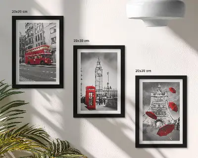 Billedvæg med røde detaljer og kendte bygninger fra London
