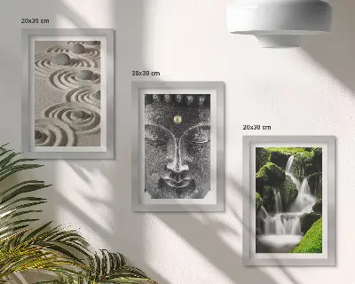 Billedvæg med fredfyldt naturmotiv af sten, vandfald og Buddha