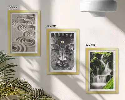 Billedvæg med fredfyldt naturmotiv af sten, vandfald og Buddha