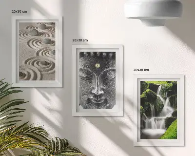 Billedvæg med fredfyldt naturmotiv af sten, vandfald og Buddha
