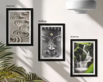 Billedvæg med fredfyldt naturmotiv af sten, vandfald og Buddha