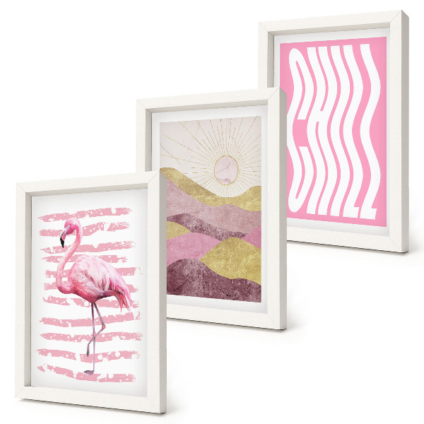 Pakke med billeder og rammer Lyserøde flamingoer pastel bjerglandskab Chill bogstaver
