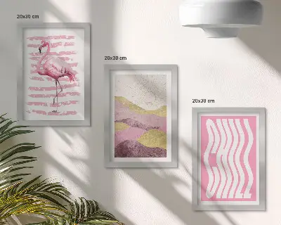Pakke med billeder og rammer lyserøde flamingoer med pastel bjerglandskab og Chill bogstaver