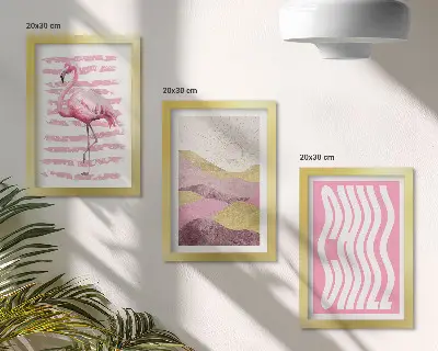 Pakke med billeder og rammer lyserøde flamingoer med pastel bjerglandskab og Chill bogstaver