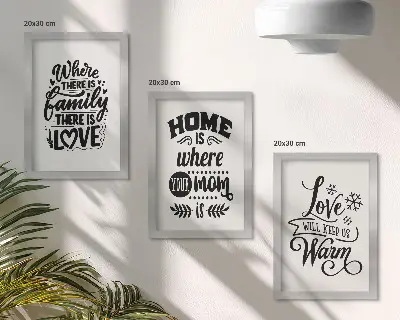 Billedramme-sæt med motiver familie, kærlighed, hjem og varme med enkle slogans