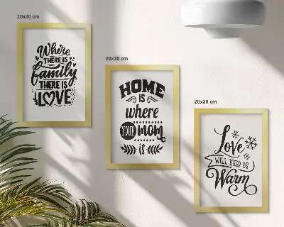 Billedramme-sæt med motiver familie, kærlighed, hjem og varme med enkle slogans