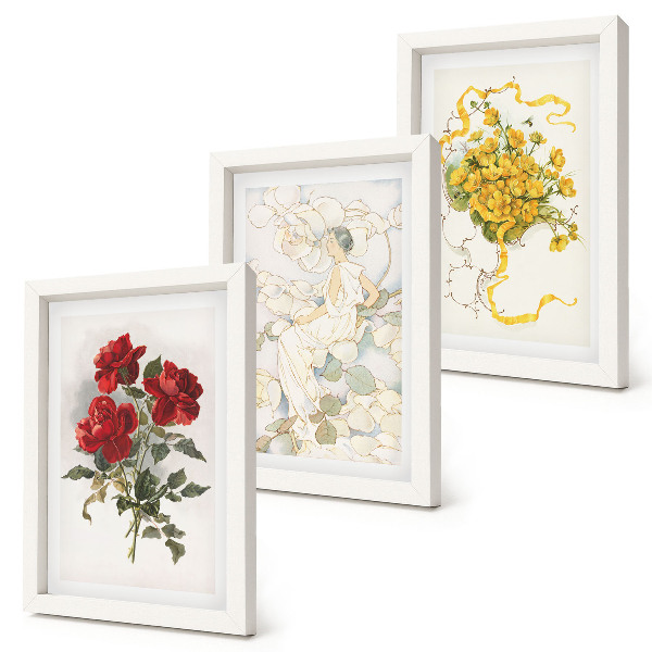 Moderne billedsæt Røde roser, hvid figur, gule blomster i en vase