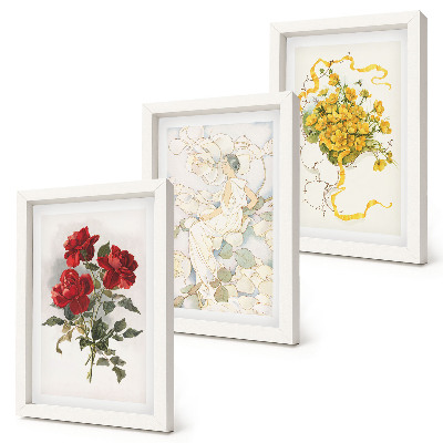 Moderne billedsæt Røde roser, hvid figur, gule blomster i en vase