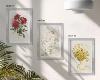 Moderne billedsæt med røde roser, hvid figur og gule blomster i en vase