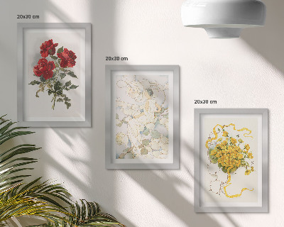 Moderne billedsæt Røde roser, hvid figur, gule blomster i en vase