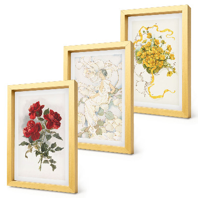 Moderne billedsæt Røde roser, hvid figur, gule blomster i en vase