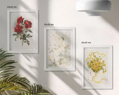 Moderne billedsæt med røde roser, hvid figur og gule blomster i en vase
