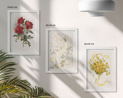 Moderne billedsæt Røde roser, hvid figur, gule blomster i en vase