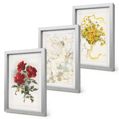 Moderne billedsæt Røde roser, hvid figur, gule blomster i en vase
