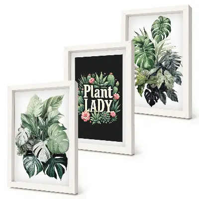 Billeder med rammer tropiske planter med Plant Lady-tekst i grøn