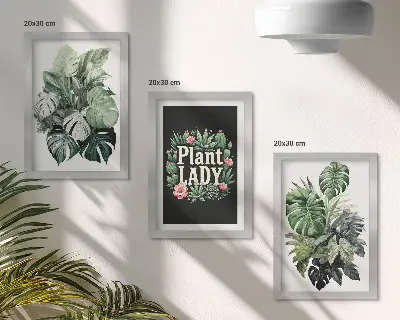 Billeder med rammer tropiske planter med Plant Lady-tekst i grøn