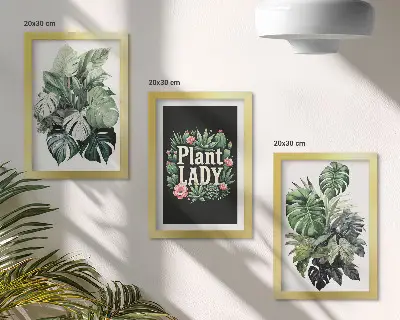 Billeder med rammer tropiske planter med Plant Lady-tekst i grøn