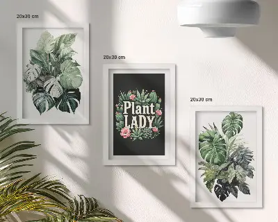 Billeder med rammer tropiske planter med Plant Lady-tekst i grøn