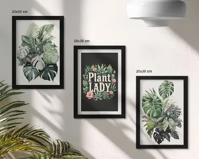 Billeder med rammer tropiske planter med Plant Lady-tekst i grøn