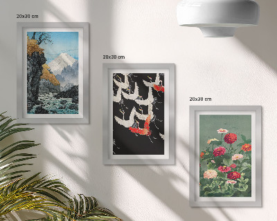Moderne billedsæt Bjerge med vandfald, fugle i flugt og farverige blomster