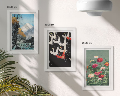 Moderne billedsæt Bjerge med vandfald, fugle i flugt og farverige blomster