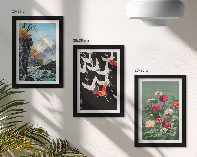 Moderne billedsæt Bjerge med vandfald, fugle i flugt og farverige blomster