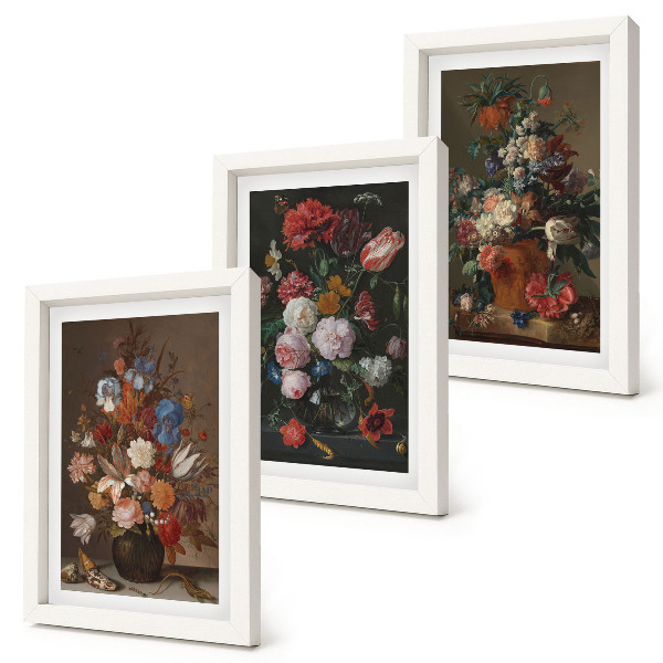 Pakke med billeder og rammer Blomster i vaser, forskellige vintage plantekompositioner