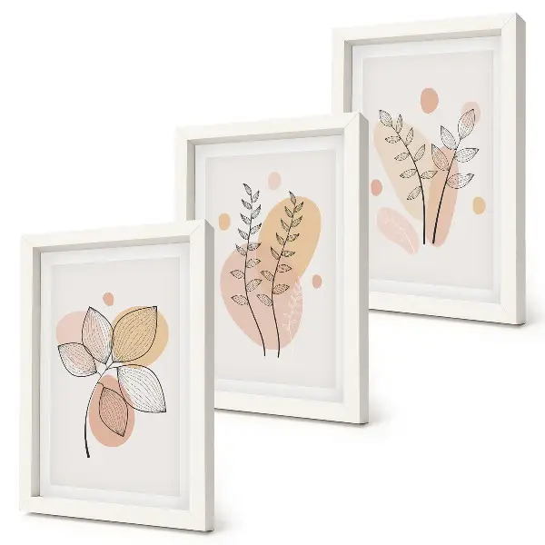 Billedvæg med minimalistiske plantetegninger i pastelfarver
