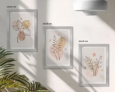 Billedvæg med minimalistiske plantetegninger i pastelfarver
