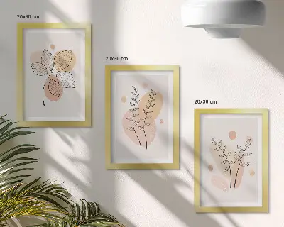 Billedvæg med minimalistiske plantetegninger i pastelfarver