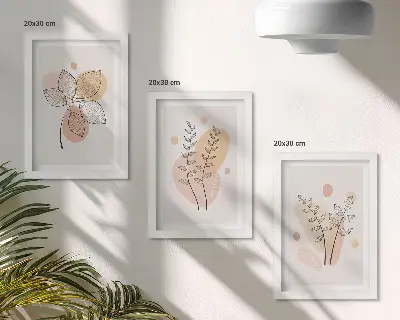 Billedvæg med minimalistiske plantetegninger i pastelfarver