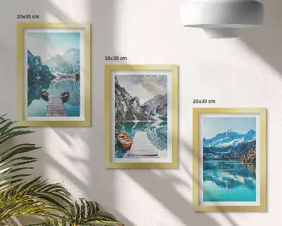 Billedvæg med bjergsøer pakke med rammer og motiver af både og refleksioner i vandet