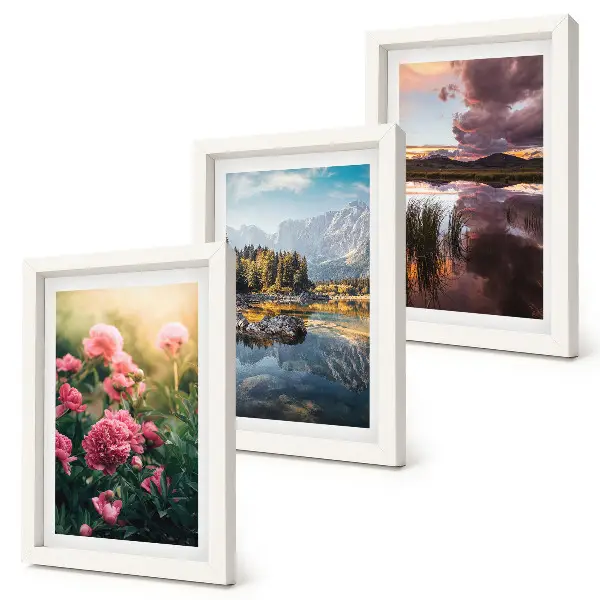 Moderne billedsæt med motiver af blomster i haven, bjerge og en rolig vandoverflade
