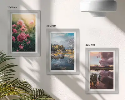 Moderne billedsæt med motiver af blomster i haven, bjerge og en rolig vandoverflade