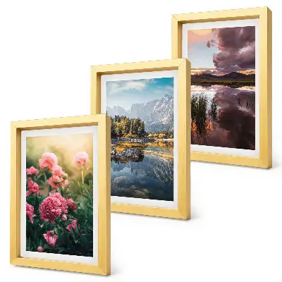 Moderne billedsæt med motiver af blomster i haven, bjerge og en rolig vandoverflade