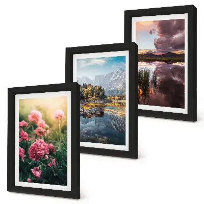 Moderne billedsæt med motiver af blomster i haven, bjerge og en rolig vandoverflade