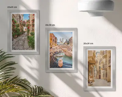 Moderne billedsæt med motiv af charmerende gader og springvand i malerisk arkitektur