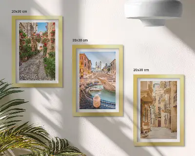 Moderne billedsæt med motiv af charmerende gader og springvand i malerisk arkitektur