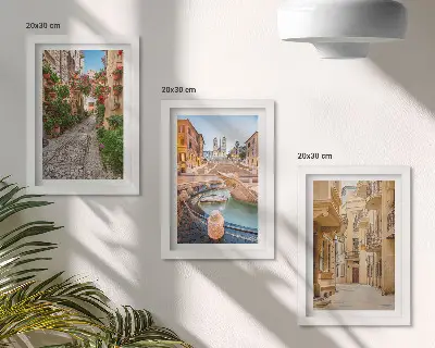 Moderne billedsæt med motiv af charmerende gader og springvand i malerisk arkitektur